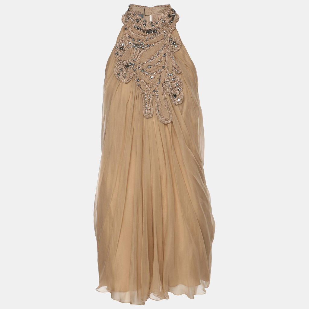Alberta Ferreti Beige Chiffon Braided Crystal Embellishment Halter Neck Top M Alberta Ferreti Beige Chiffon Braided Crystal Embellishment Halter Neck Top M