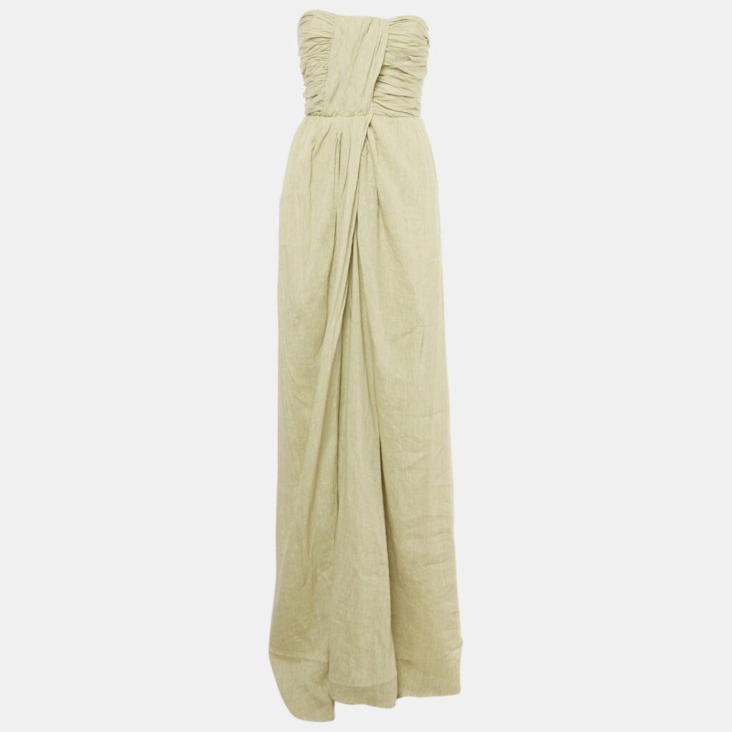 Alberta Ferretti Light Green Linen Gathered Strapless Maxi Dress M Alberta Ferretti Light Green Linen Gathered Strapless Maxi Dress M