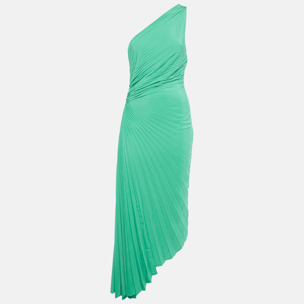 A.L.C Green Plisse Crepe One Shoulder Cut -Out Detail Maxi Dress L