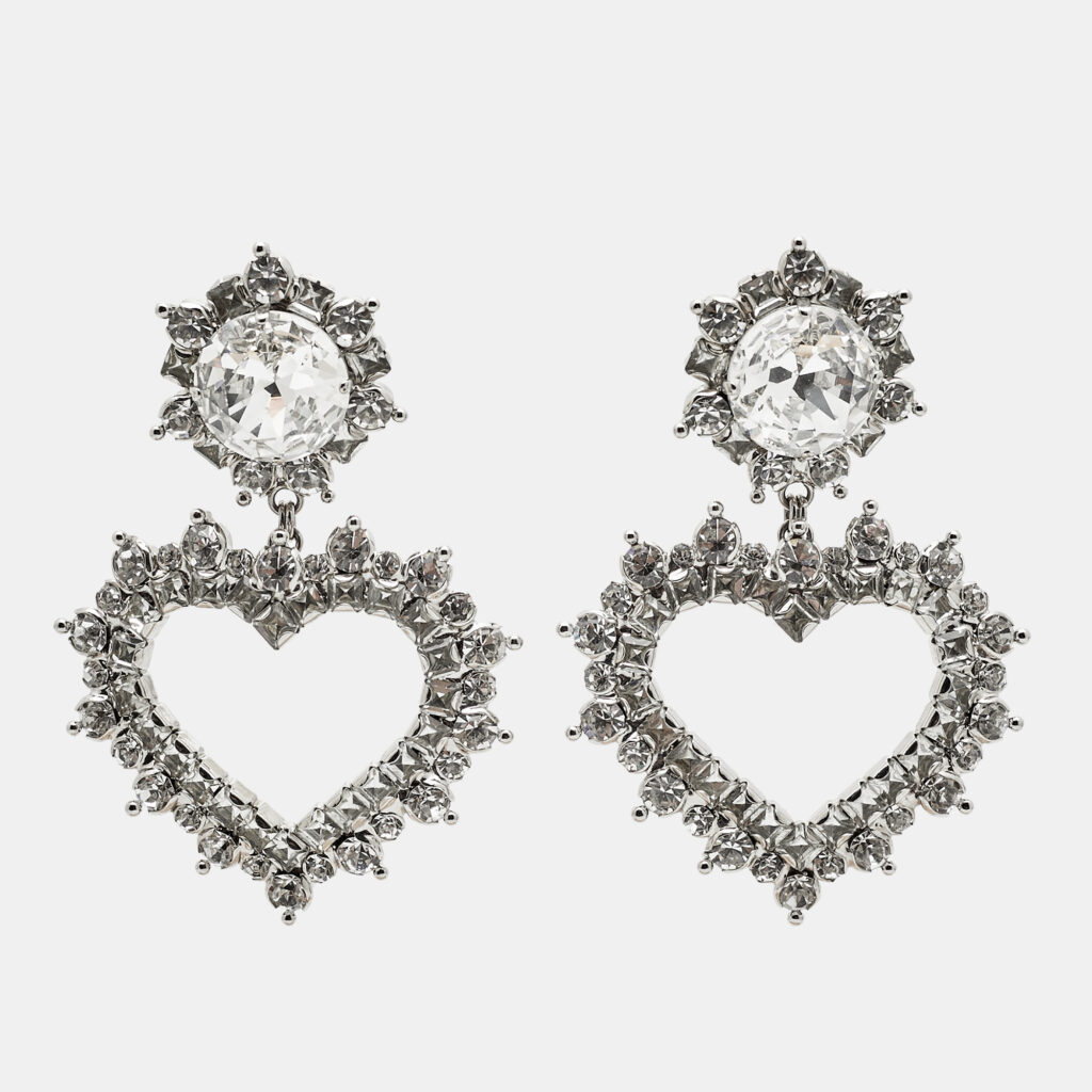 Alessandra Rich Heart Crystals Silver Tone Earrings Alessandra Rich Heart Crystals Silver Tone Earrings