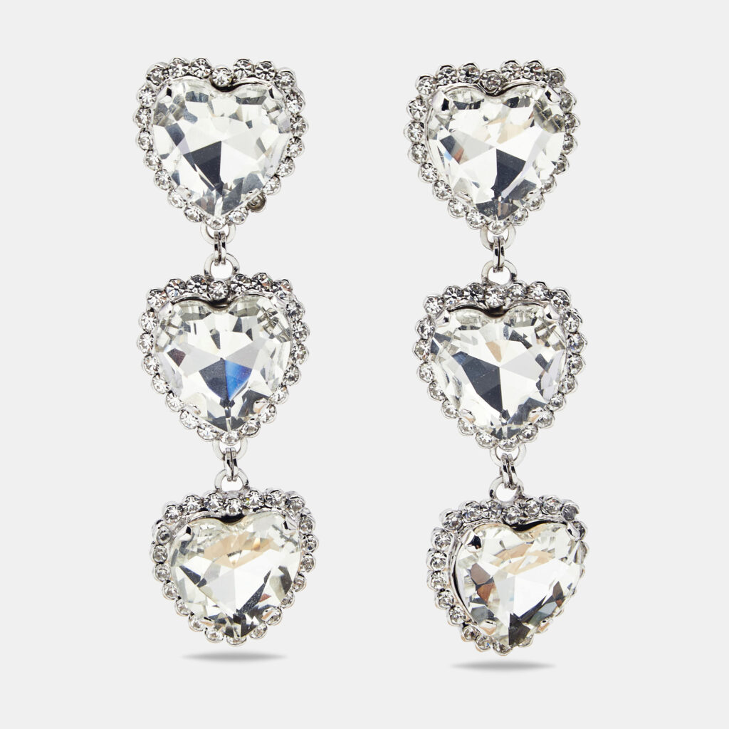 Alessandra Rich Hearts Crystals Silver Tone Drop Earrings Alessandra Rich Hearts Crystals Silver Tone Drop Earrings