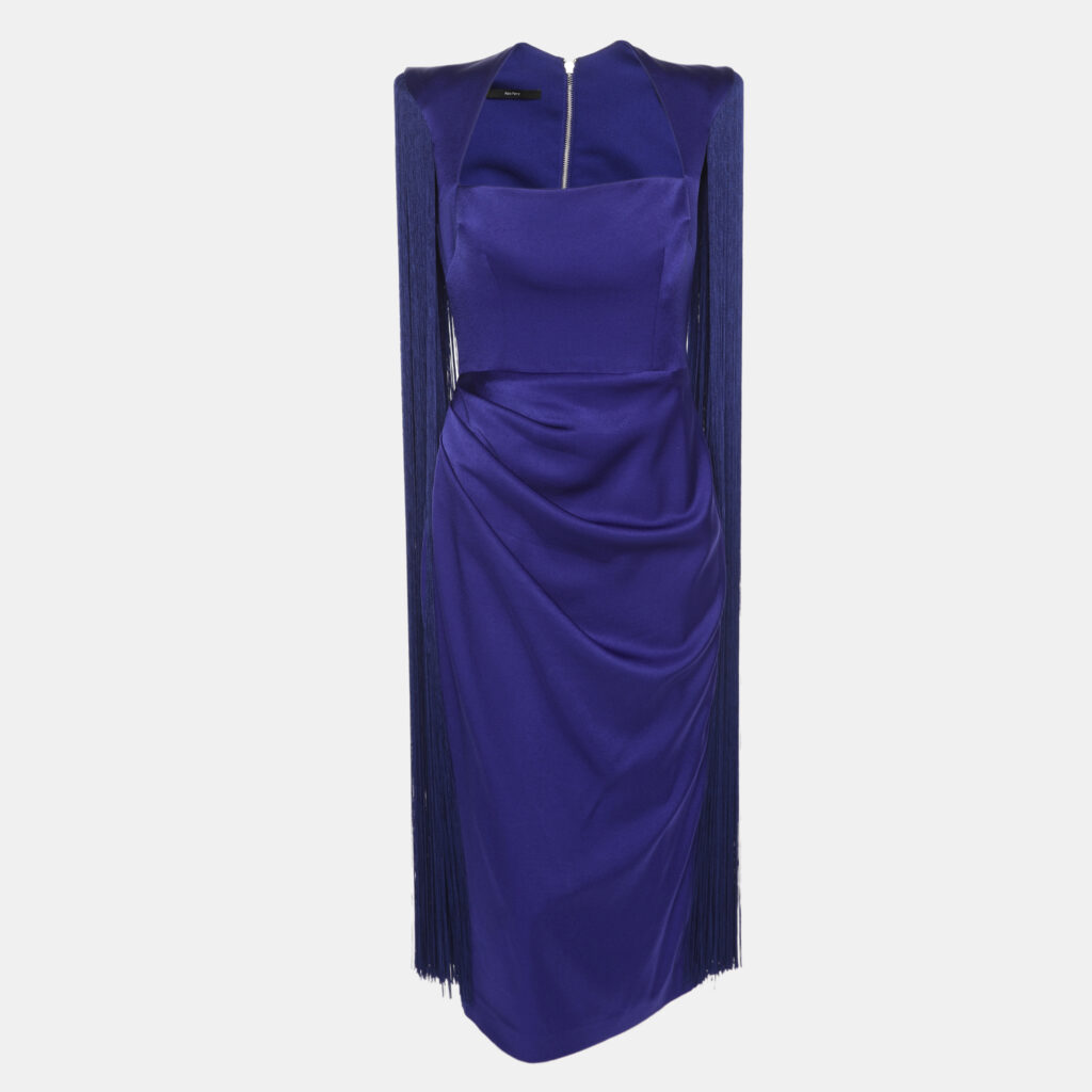 Alex Perry Dallas Blue Satin Fringe Sleeveless Midi Dress L Alex Perry Dallas Blue Satin Fringe Sleeveless Midi Dress L