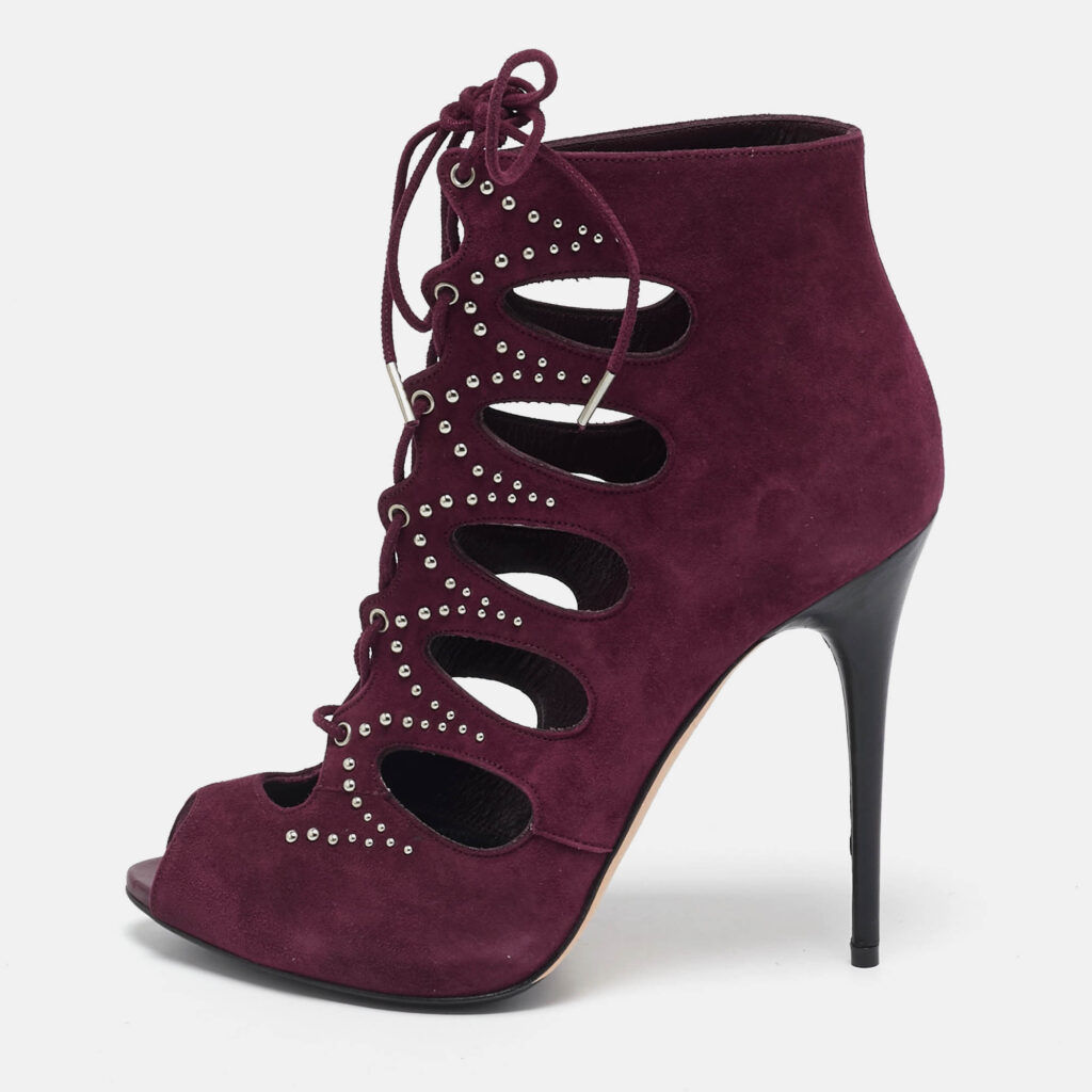 Alexander McQueen Burgundy Suede Ankle Length Studded Cut Out Ankle Boots Size 37 Alexander McQueen Burgundy Suede Ankle Length Studded Cut Out Ankle Boots Size 37