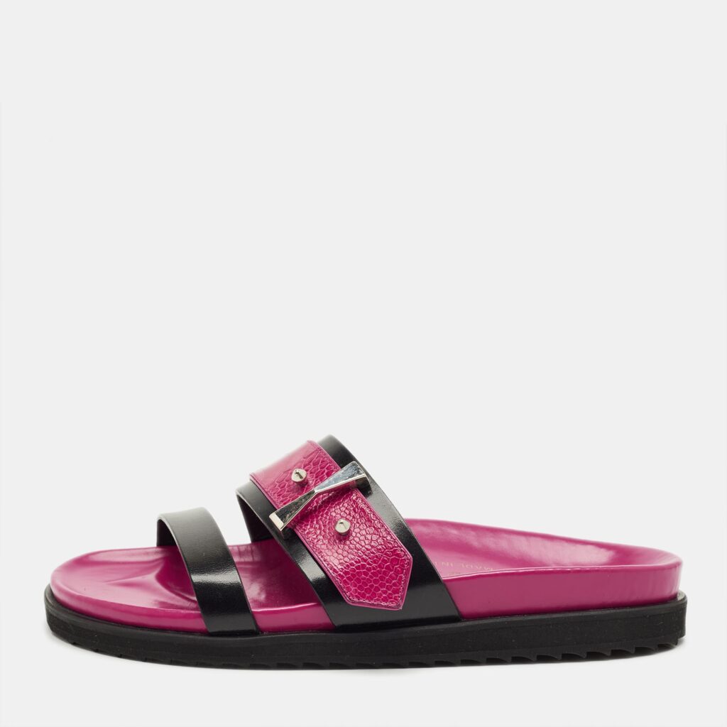 Alexander McQueen Pink/Black Ostrich Leg and Leather Flat Slides Size 38 Alexander McQueen Pink/Black Ostrich Leg and Leather Flat Slides Size 38