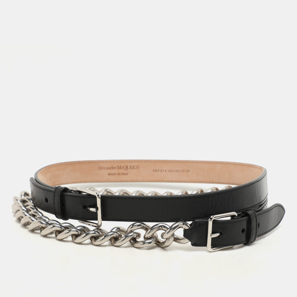 Alexander McQueen Black Leather and Chain Skinny Double Waist Belt 70CM Alexander McQueen Black Leather and Chain Skinny Double Waist Belt 70CM