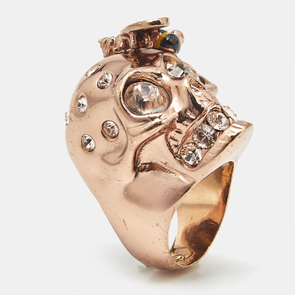 Alexander McQueen Skull Bee Enamel Crystals Rose Gold Tone Ring Size 55 Alexander McQueen Skull Bee Enamel Crystals Rose Gold Tone Ring Size 55