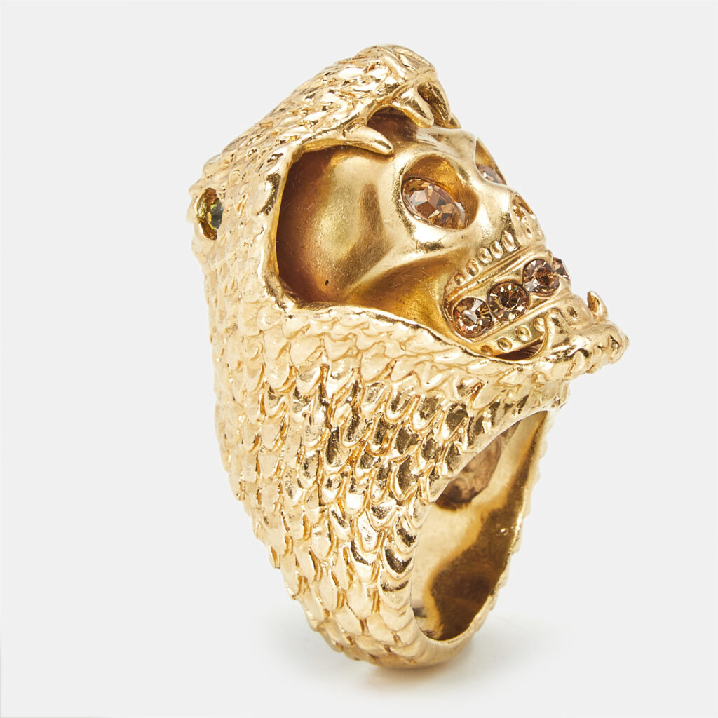 Alexander McQueen Skull and Snake Crystals Gold Tone Ring Size 52 Alexander McQueen Skull and Snake Crystals Gold Tone Ring Size 52