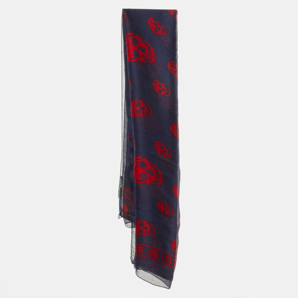 Alexander McQueen Navy Blue Skull Print Silk Scarf Alexander McQueen Navy Blue Skull Print Silk Scarf