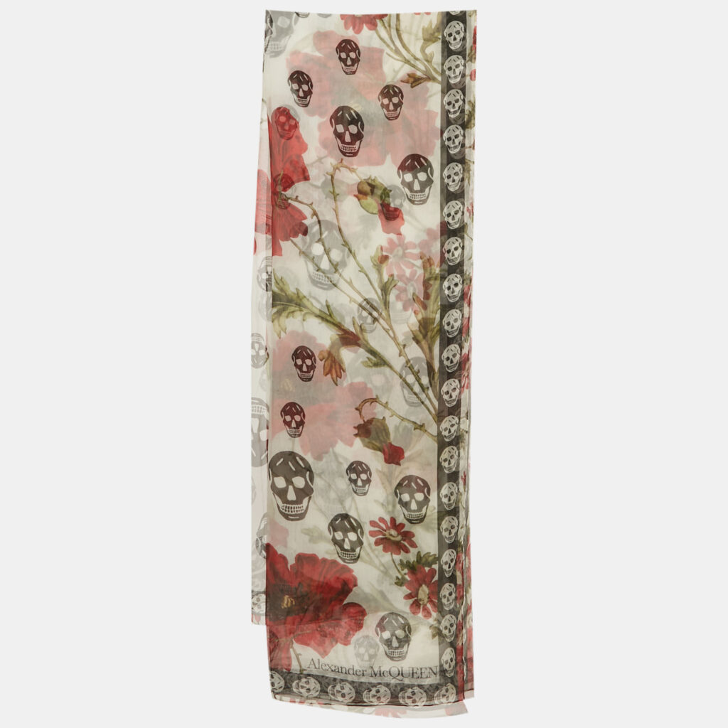 Alexander McQueen White Rose and Skull Print Silk Scarf Alexander McQueen White Rose and Skull Print Silk Scarf