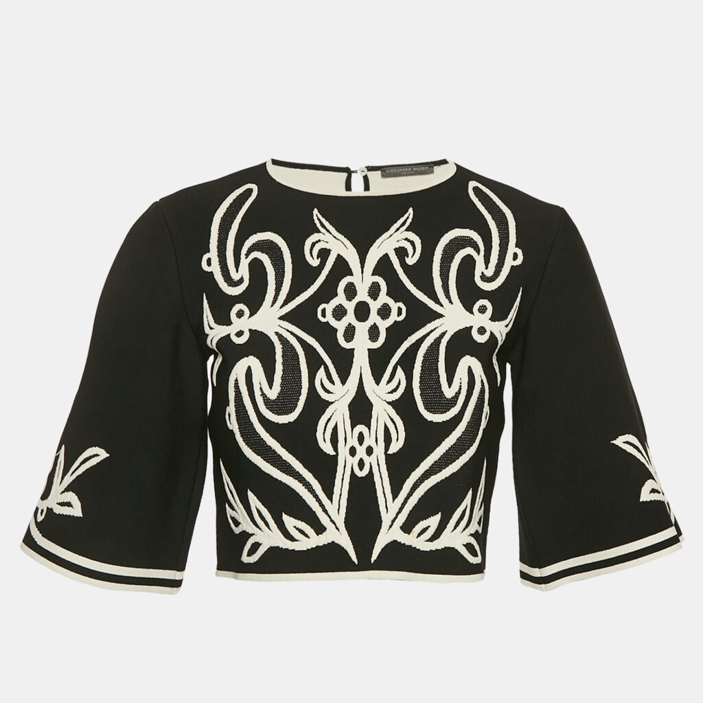 Alexander McQueen Black Floral Embossed Knit Crop Top M Alexander McQueen Black Floral Embossed Knit Crop Top M