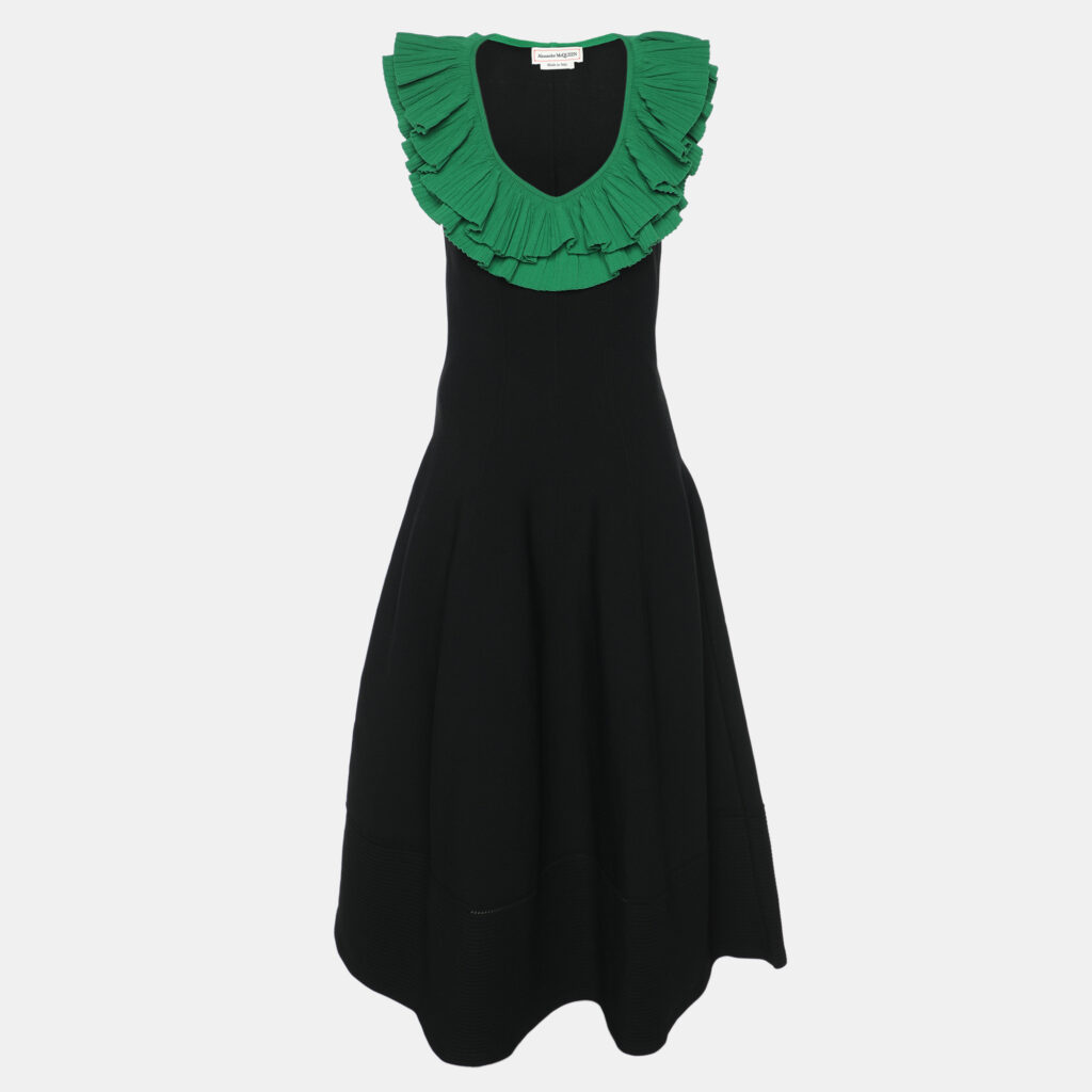 Alexander McQueen Black/Green Jersey Flounced Plunge Neck Dress S Alexander McQueen Black/Green Jersey Flounced Plunge Neck Dress S
