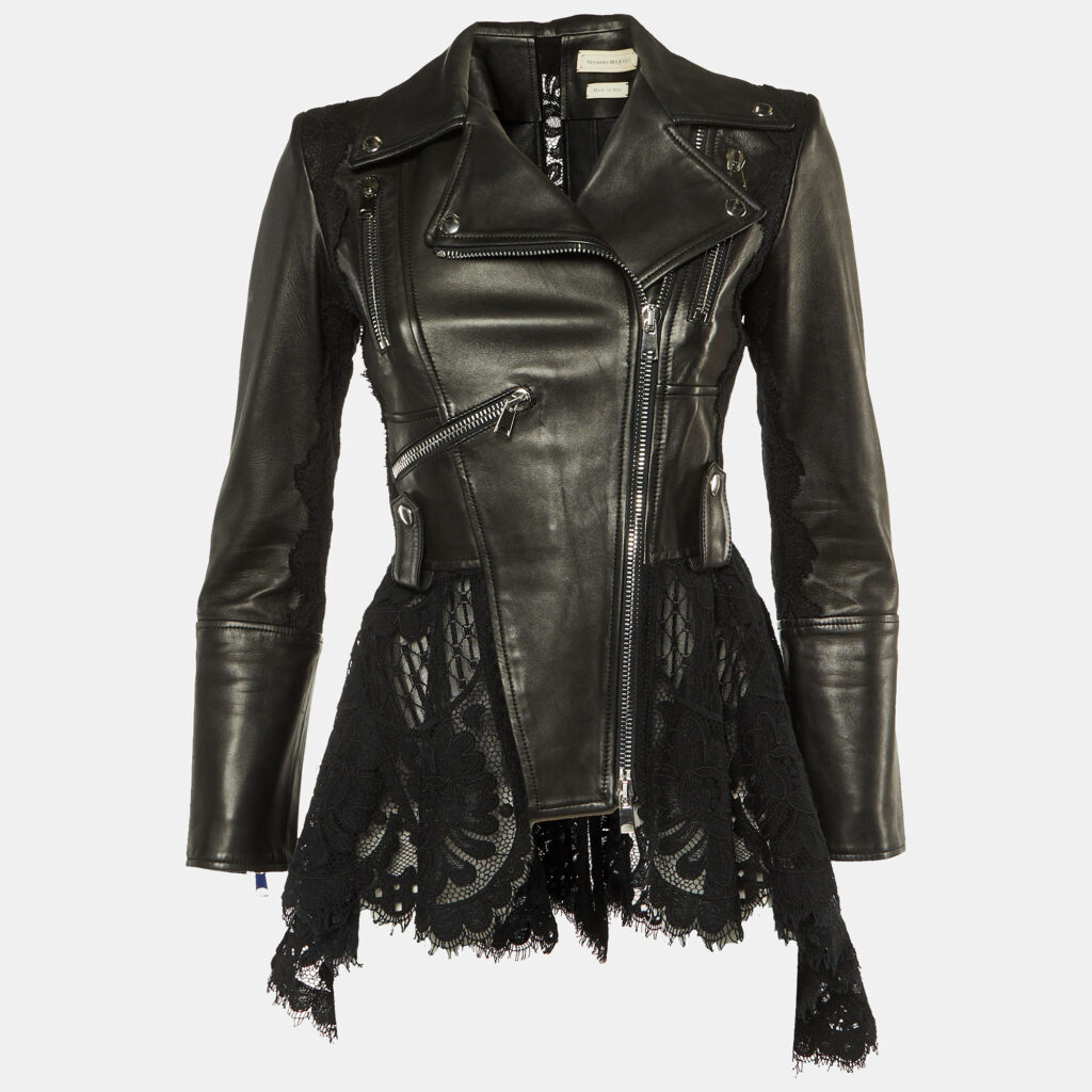 Alexander McQueen Black Leather & Lace Peplum Jacket S