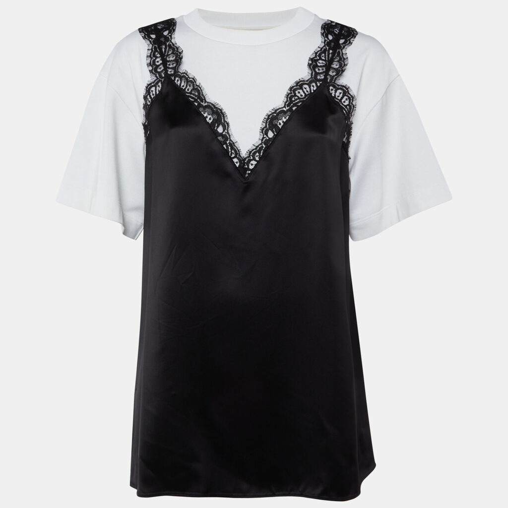 Alexander McQueen White Cotton Knit & Black Sateen Top L