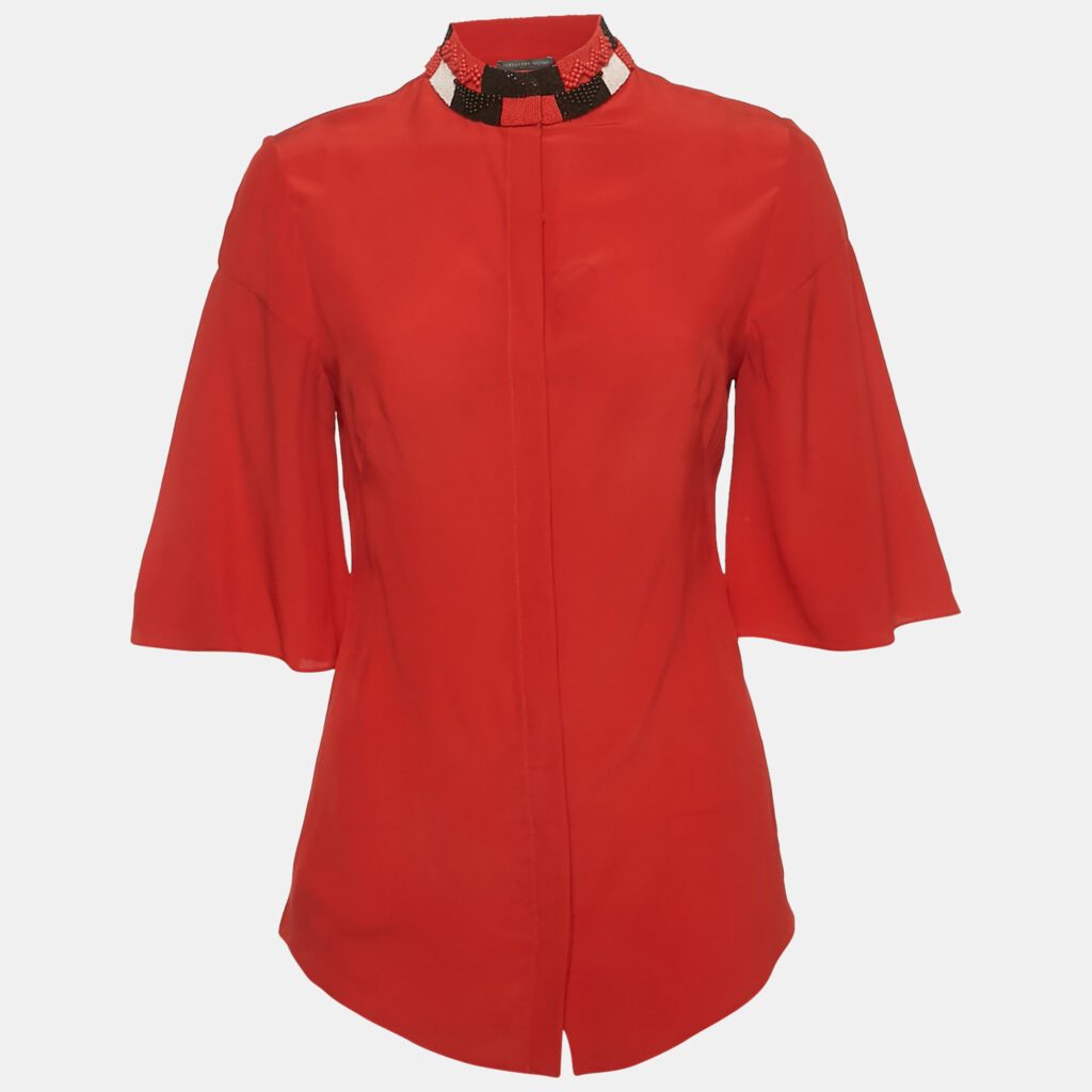 Alexander McQueen Red Silk Beaded High Neck Top S Alexander McQueen Red Silk Beaded High Neck Top S