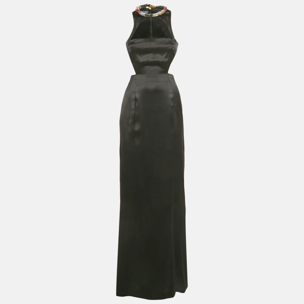 Alexander McQueen Black Jeweled Neck Satin Cut-Out Maxi Dress S Alexander McQueen Black Jeweled Neck Satin Cut-Out Maxi Dress S