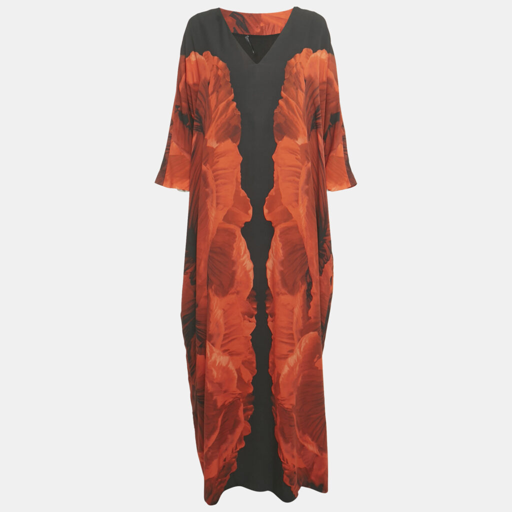 Alexander McQueen Black and Orange Floral Print Silk Maxi Dress M Alexander McQueen Black and Orange Floral Print Silk Maxi Dress M