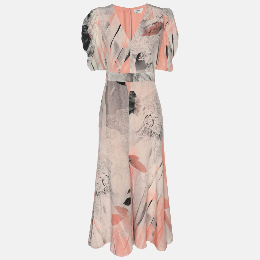 Alexander McQueen Multicolor Trompe L'Oeil Printed Silk Puff-Sleeve Midi Dress S Alexander McQueen Multicolor Trompe L'Oeil Printed Silk Puff-Sleeve Midi Dress S