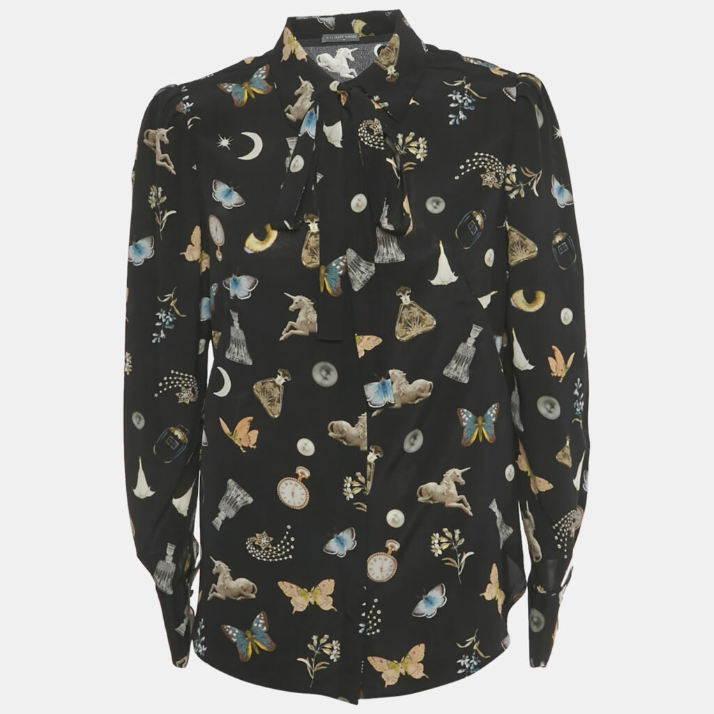 Alexander McQueen Black Printed Silk Tie Up Neck Blouse M