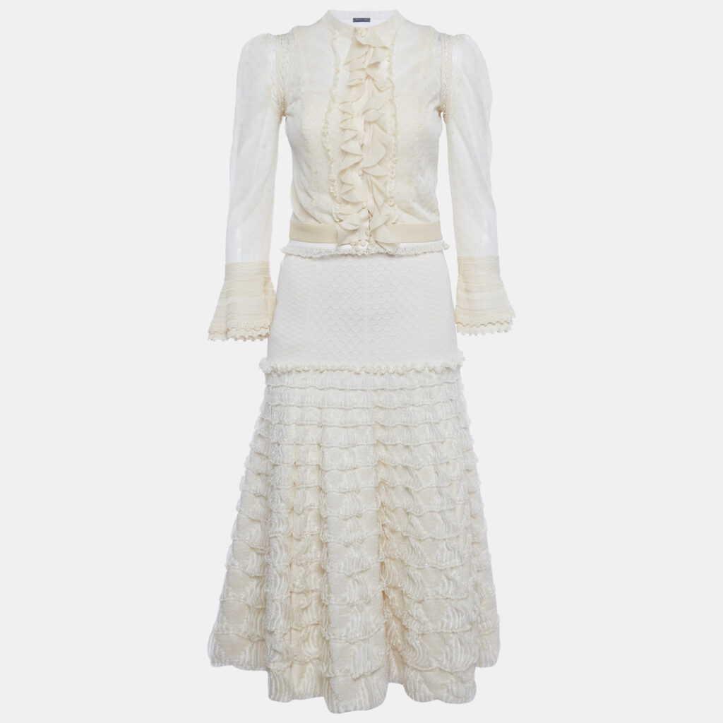 Alexander McQueen Cream Jacquard Knit Ruffled 3 pc Skirt Set S