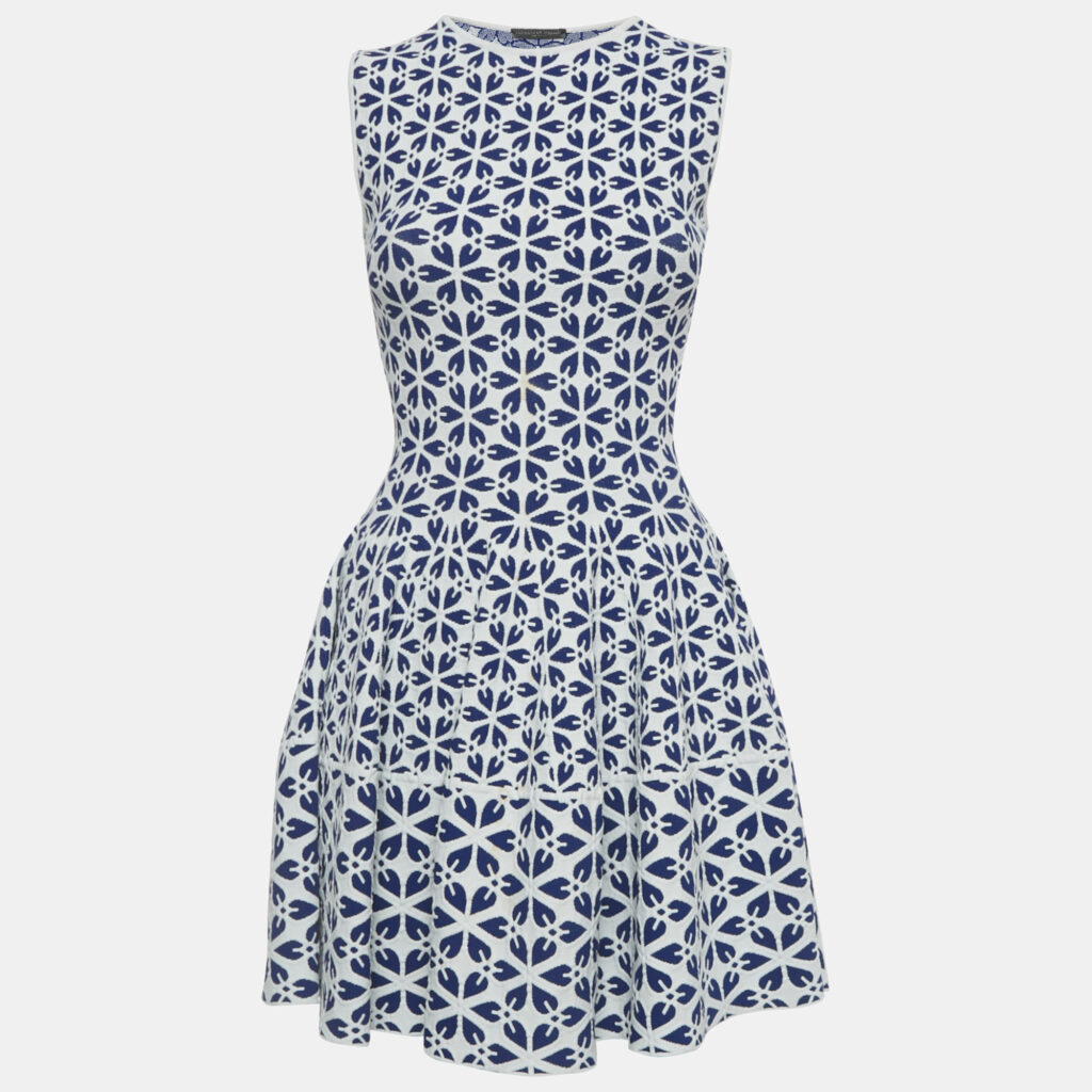 Alexander McQueen White/Blue Floral Pattern Stretch Knit Mini Dress XXS