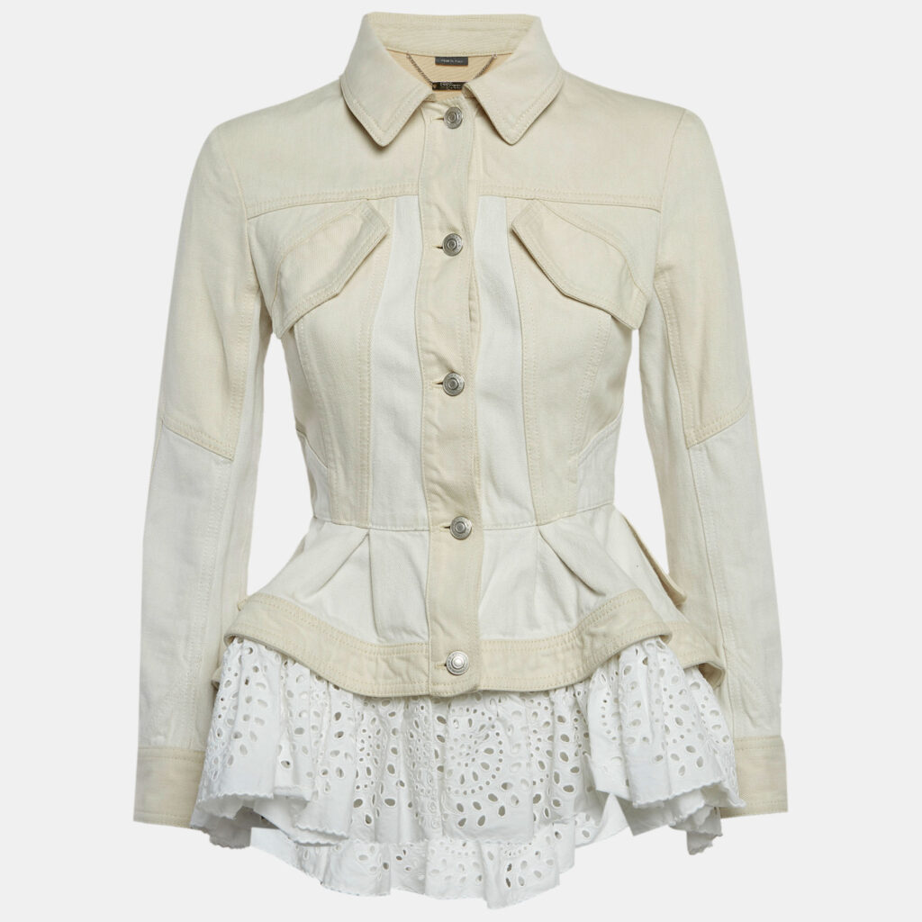 Alexander McQueen Beige Cotton Trim Denim Jacket S Alexander McQueen Beige Cotton Trim Denim Jacket S