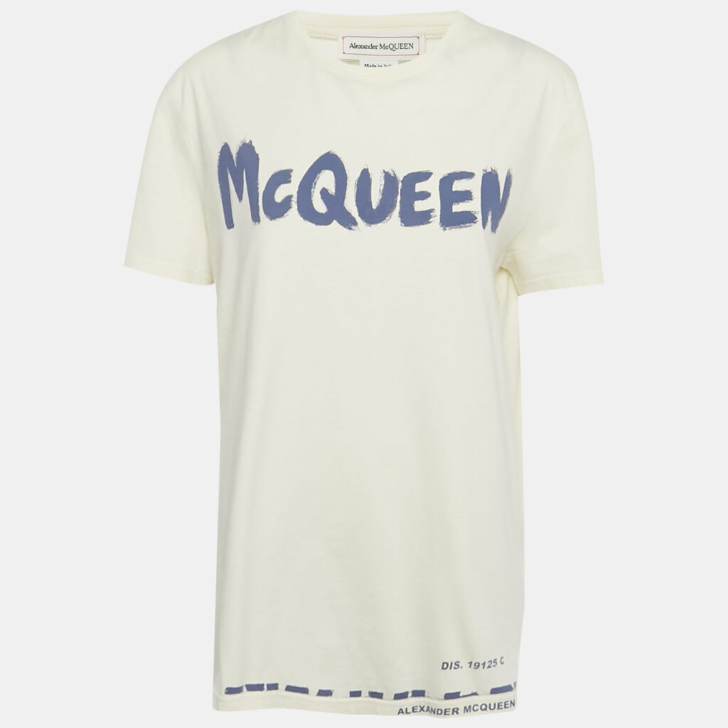 Alexander McQueen Cream Logo Print Jersey T-Shirt L Alexander McQueen Cream Logo Print Jersey T-Shirt L