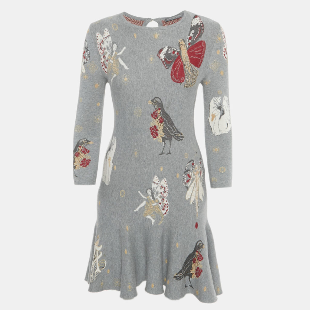 Alexander McQueen Grey Floral Jacquard Knit Mini Dress S Alexander McQueen Grey Floral Jacquard Knit Mini Dress S