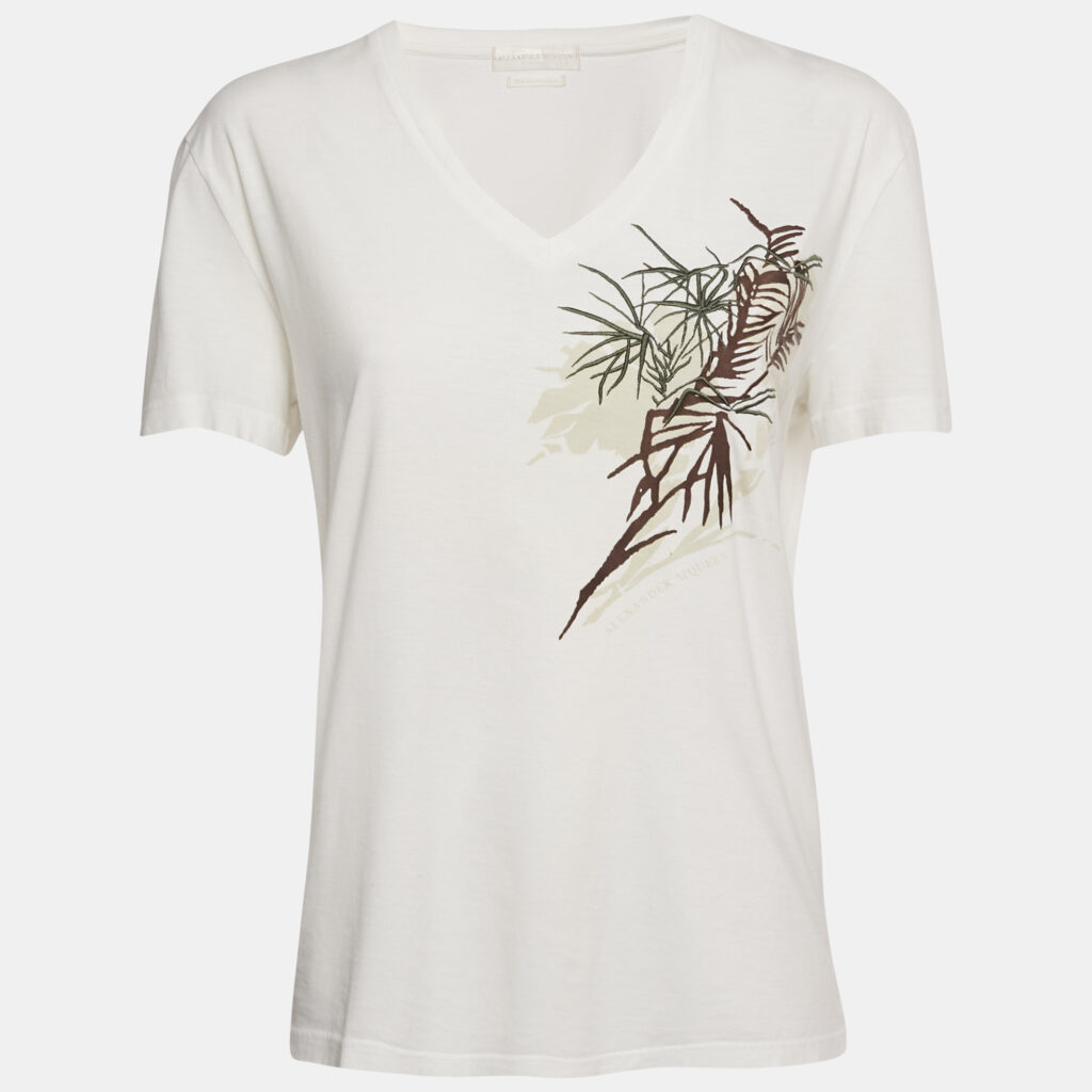 Alexander McQueen White Embroidered Jersey V-Neck T-Shirt S Alexander McQueen White Embroidered Jersey V-Neck T-Shirt S