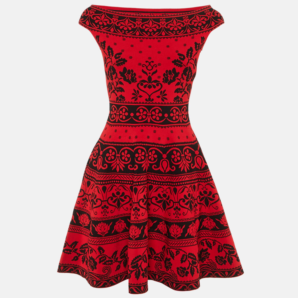 Alexander McQueen Red Floral Jacquard Knit Mini Dress S Alexander McQueen Red Floral Jacquard Knit Mini Dress S