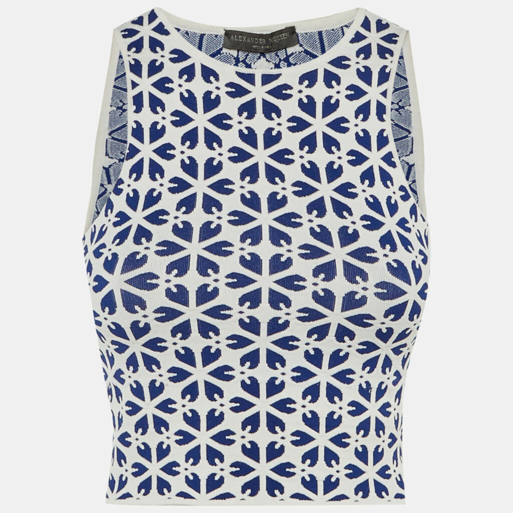 Alexander McQueen Blue/White Floral Jacquard Knit Crop Top XXS