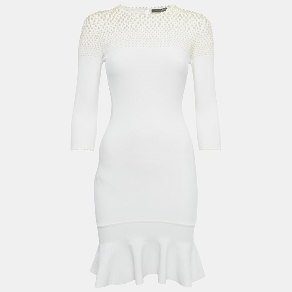 Alexander McQueen White Pearl Embellished Knit Mini Dress S Alexander McQueen White Pearl Embellished Knit Mini Dress S