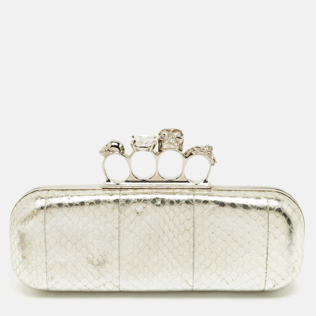 Alexander McQueen Silver Snakeskin Skull Crystals Knuckle Box Clutch Alexander McQueen Silver Snakeskin Skull Crystals Knuckle Box Clutch