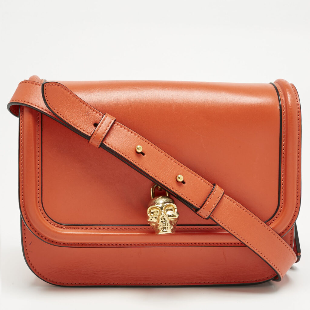 Alexander McQueen Orange Leather Skull Padlock Shoulder Bag