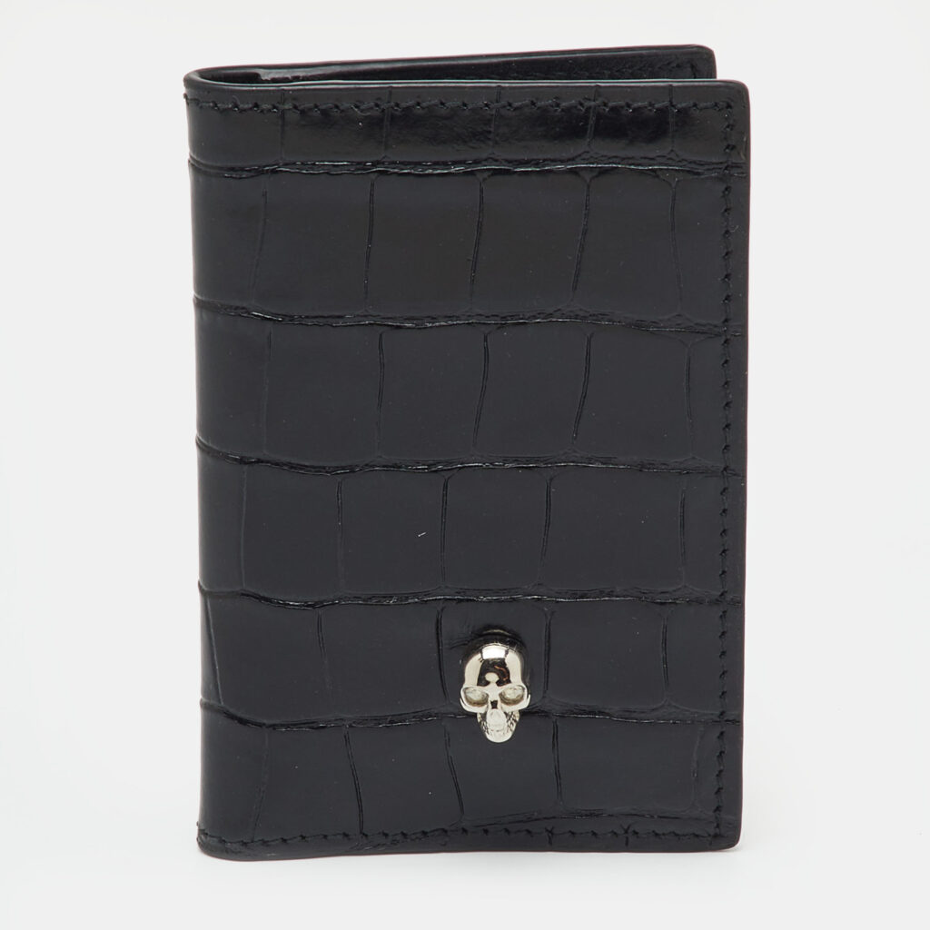 Alexander McQueen Black Croc Embossed Leather Skull Bifold Card Case