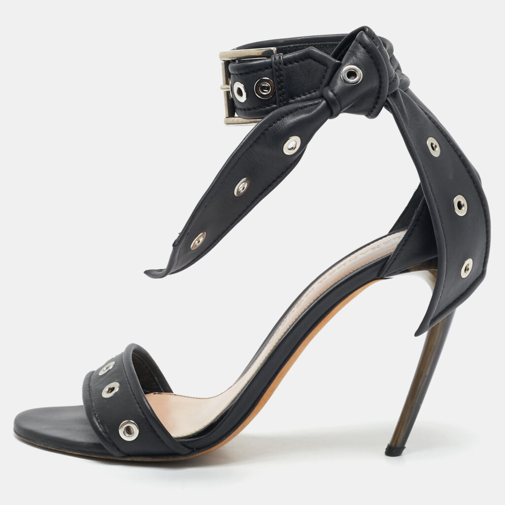 Alexander McQueen Black Leather Lana Razor Ankle Strap Sandals Size 39.5