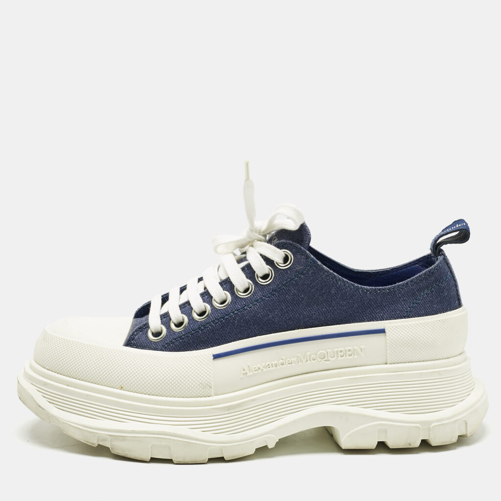 Alexander McQueen Blue/White Canvas and Rubber Tread Slick Sneakers Size 38.5 Alexander McQueen Blue/White Canvas and Rubber Tread Slick Sneakers Size 38.5