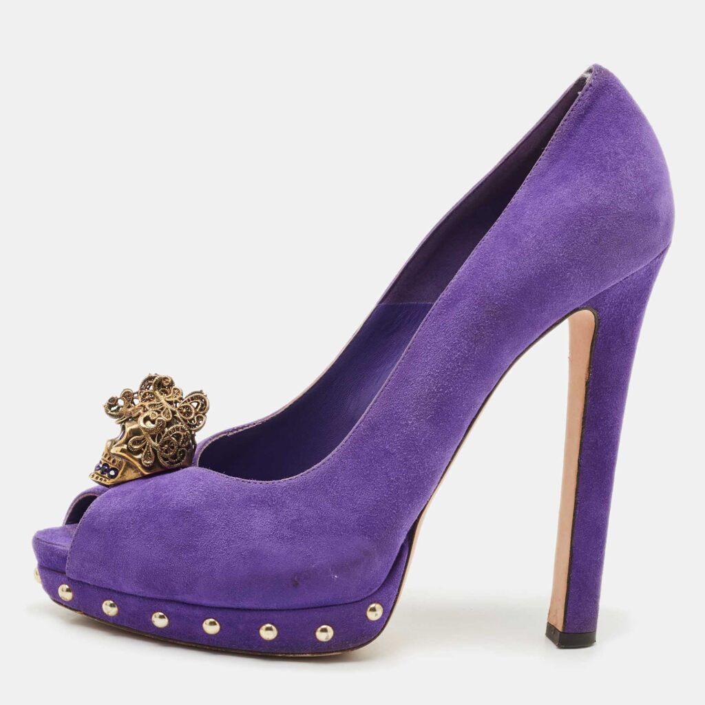 Alexander McQueen Purple Suede Skull Peep Toe Pumps Size 40 Alexander McQueen Purple Suede Skull Peep Toe Pumps Size 40