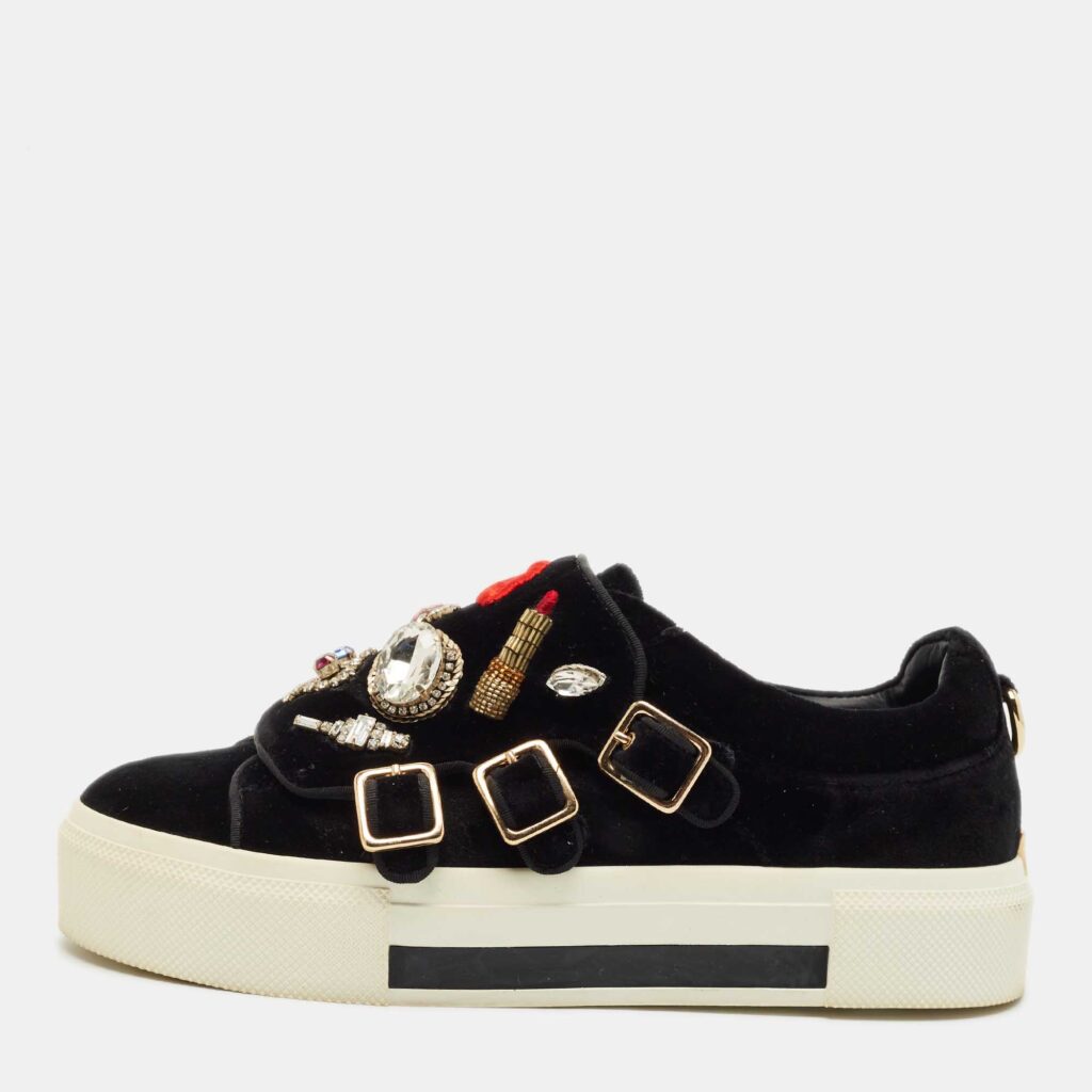 Alexander McQueen Black Velvet Crystal Embellished Buckle Sneakers Size 39 Alexander McQueen Black Velvet Crystal Embellished Buckle Sneakers Size 39