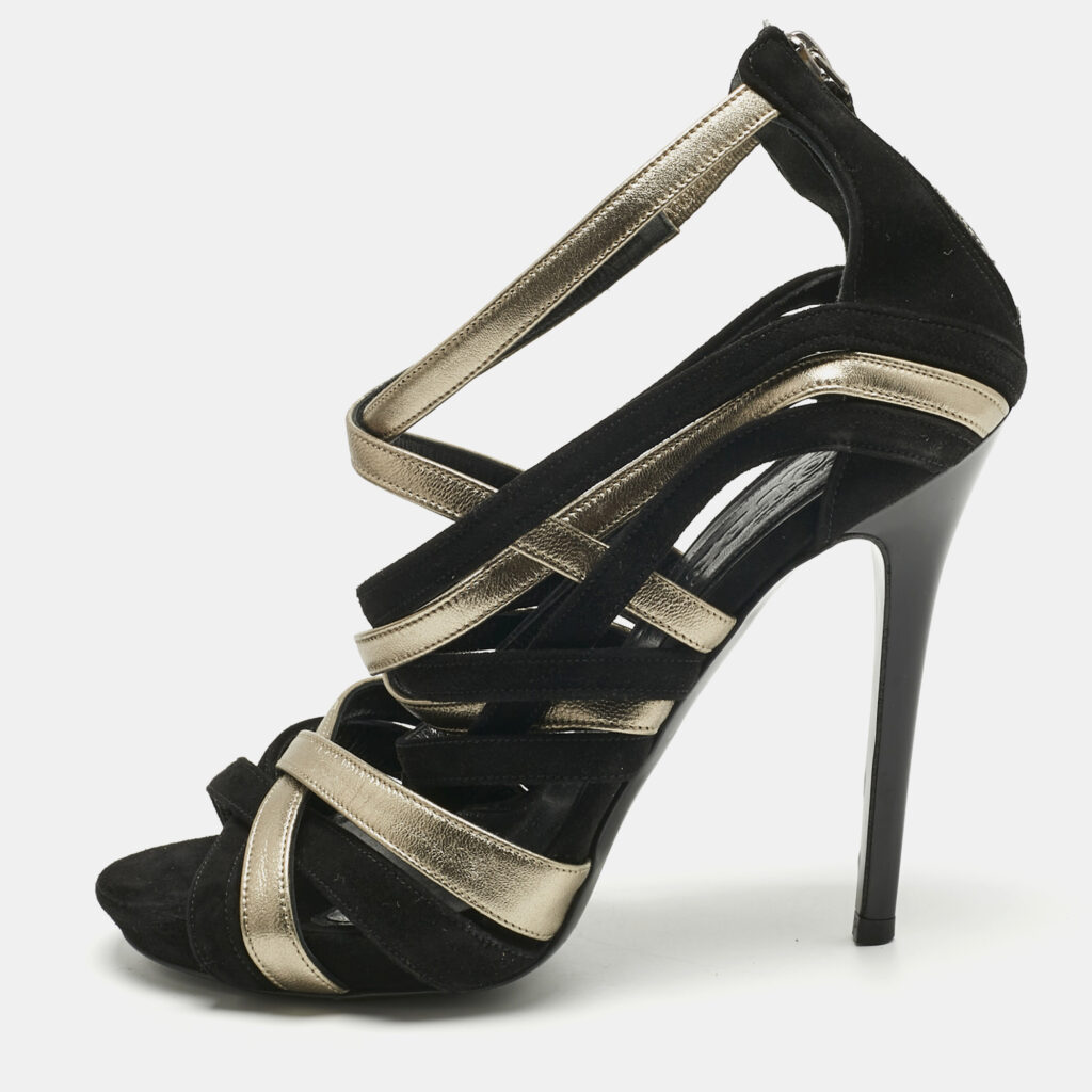 luxury-women-alexander-mcqueen-used-shoes-p1217583-001.jpg Alexander McQueen Black/Gold Leather and Suede Ankle Strap Sandals Size 37.5