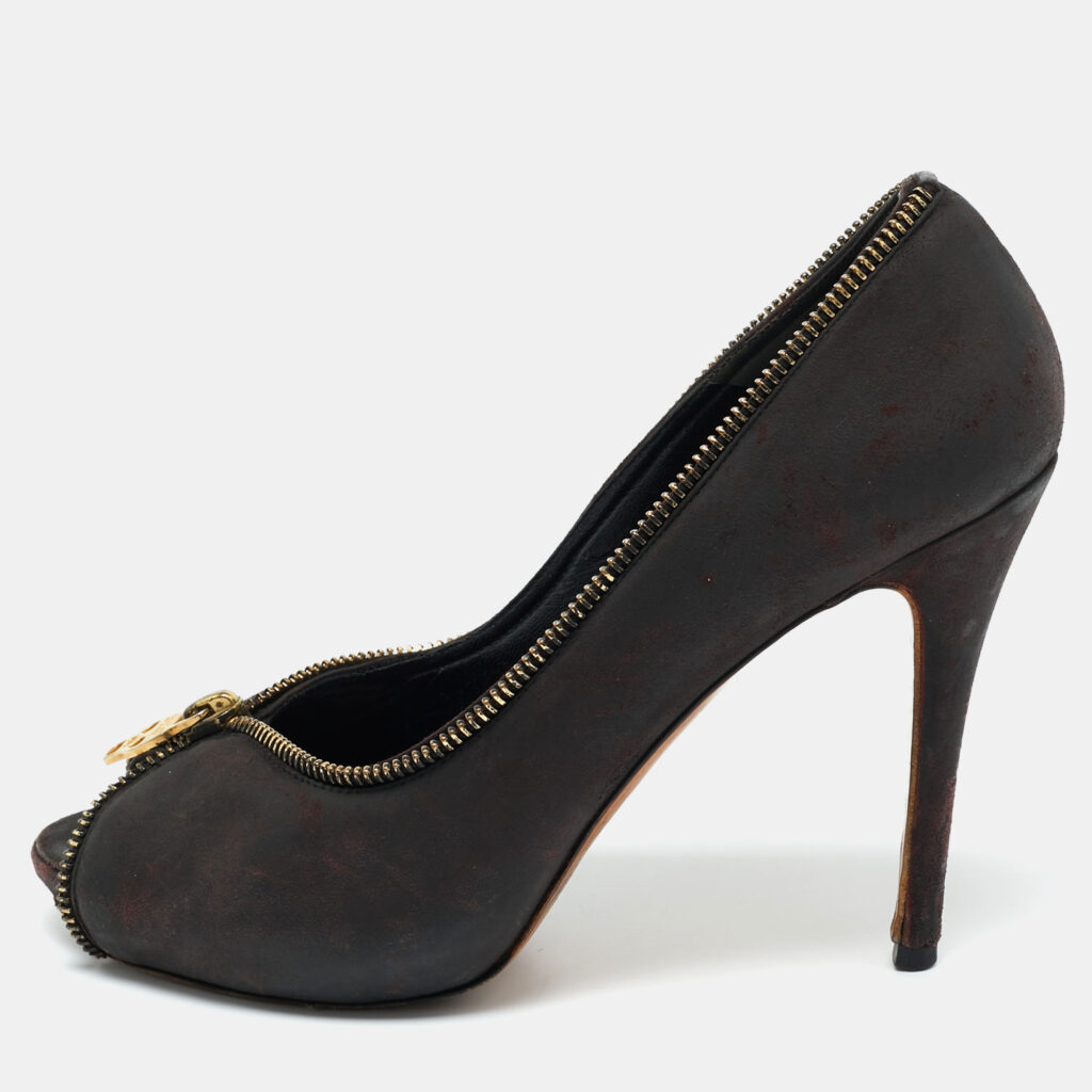 Alexander McQueen Black Nubuck Leather Peep Toe Pumps Size 37.5