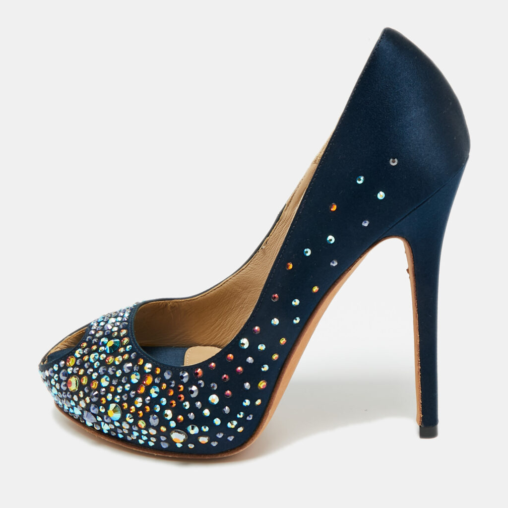 Alexander McQueen Navy Blue Satin Crystal Embellished Peep Toe Pumps Size 36
