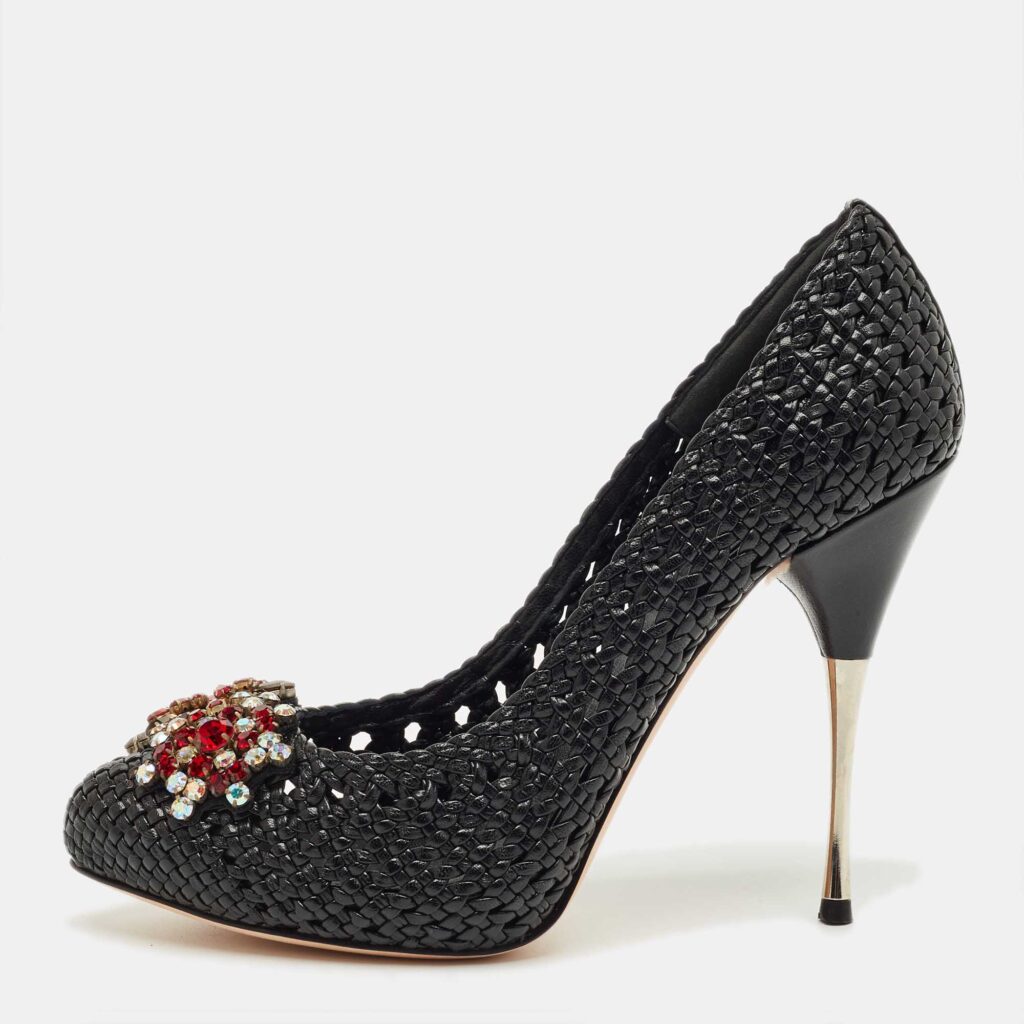 Alexander McQueen Black Woven Leather Crystal Embellish Pumps Size 38.5 Alexander McQueen Black Woven Leather Crystal Embellish Pumps Size 38.5