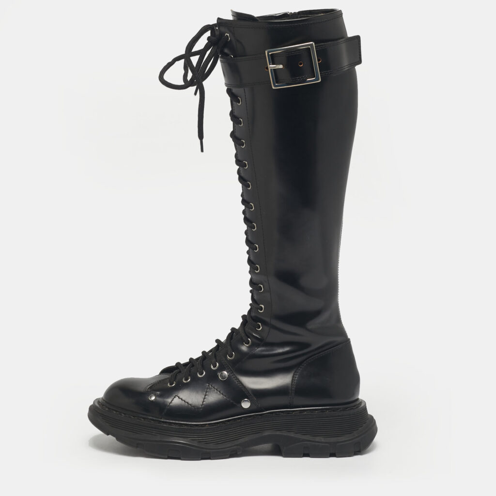 Alexander McQueen Black Leather Tread Knee Length Boots Size 39