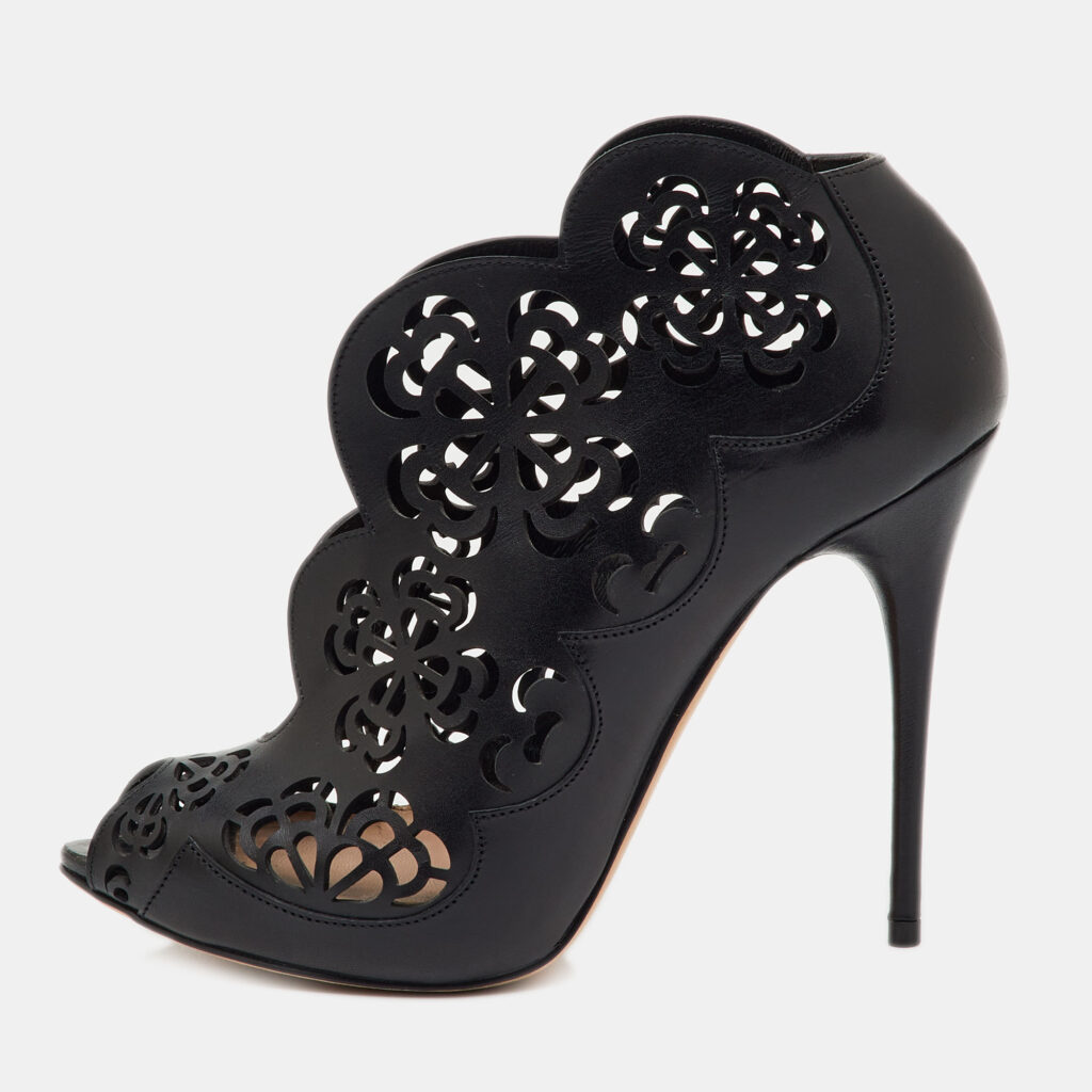 Alexander McQueen Black Leather Floral Lasecut Booties Size 36