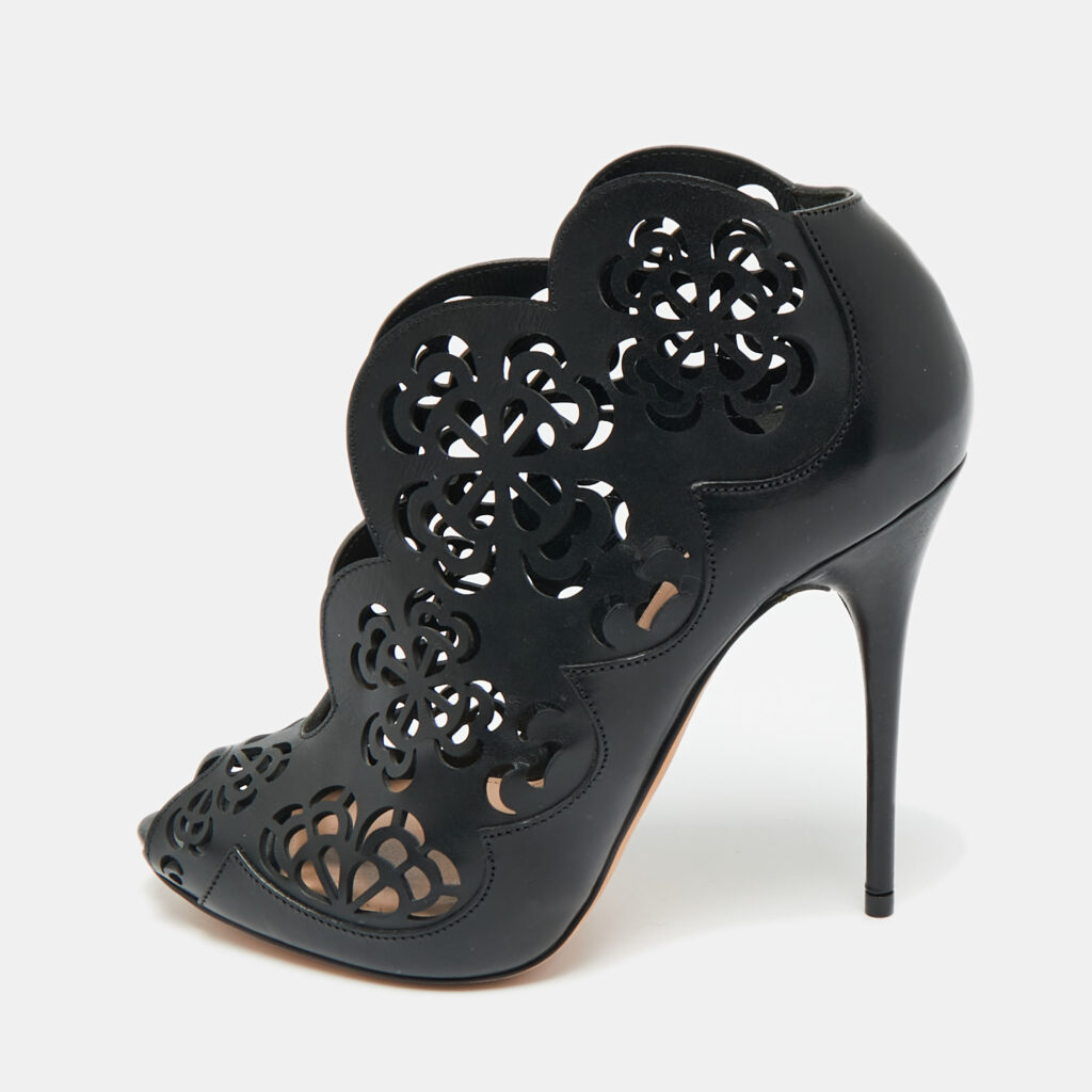 Alexander McQueen Black Floral Laser Cut Leather Peep Toe Booties Size 35