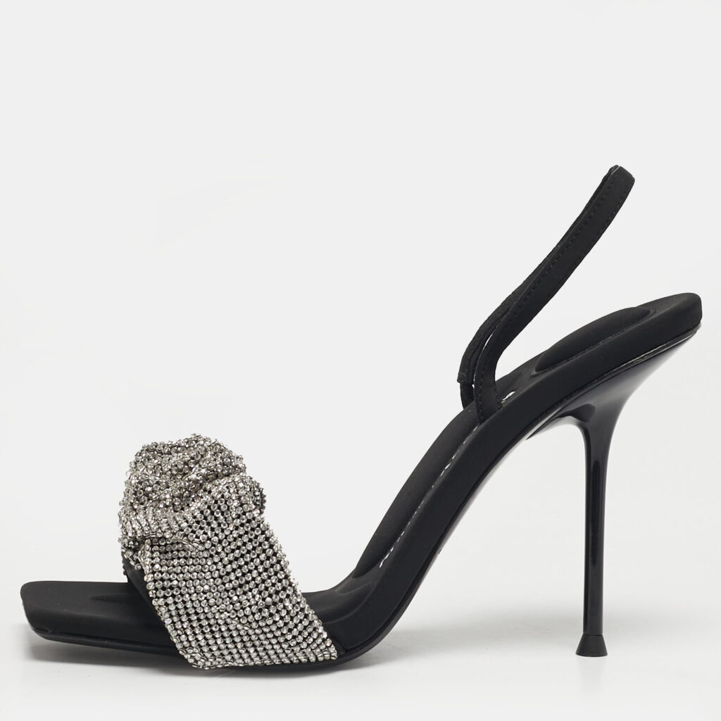 Alexander Wang Julie Size 37 Black Fabric Crystal Embellished Ankle Strap Sandals