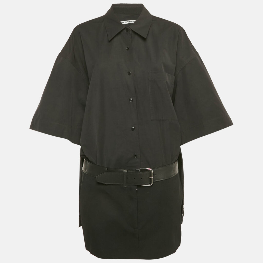 luxury-women-alexander-wang-used-clothes-p1216788-001-1.jpg Alexander Wang Black Cotton Belted Hybrid Mini Shirt Dress L