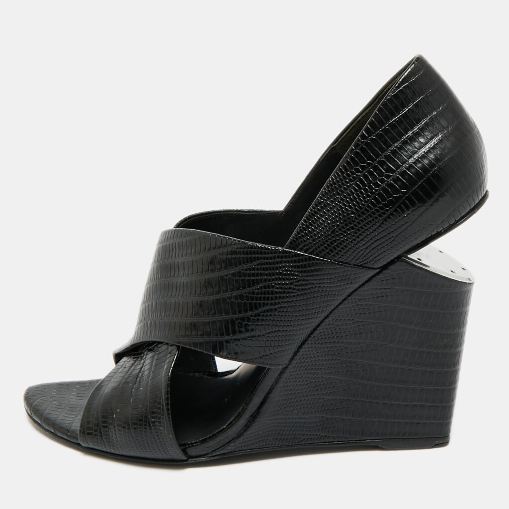 Alexander Wang Black Lizard Embossed Leather Cross Strap Wedge Sandals Size 40 Alexander Wang Black Lizard Embossed Leather Cross Strap Wedge Sandals Size 40