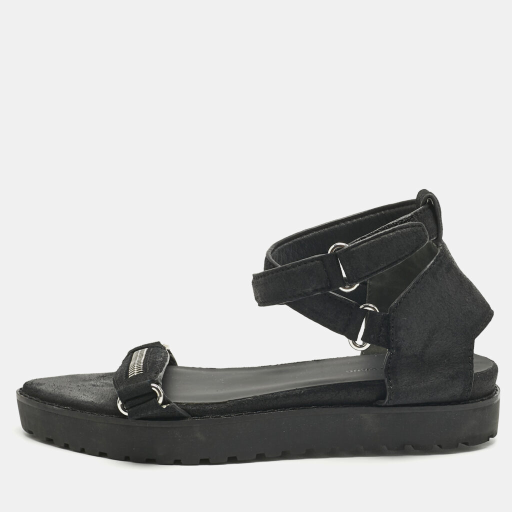 Alexander Wang Black Nubuck Leather Ankle Flat Sandals Size 37