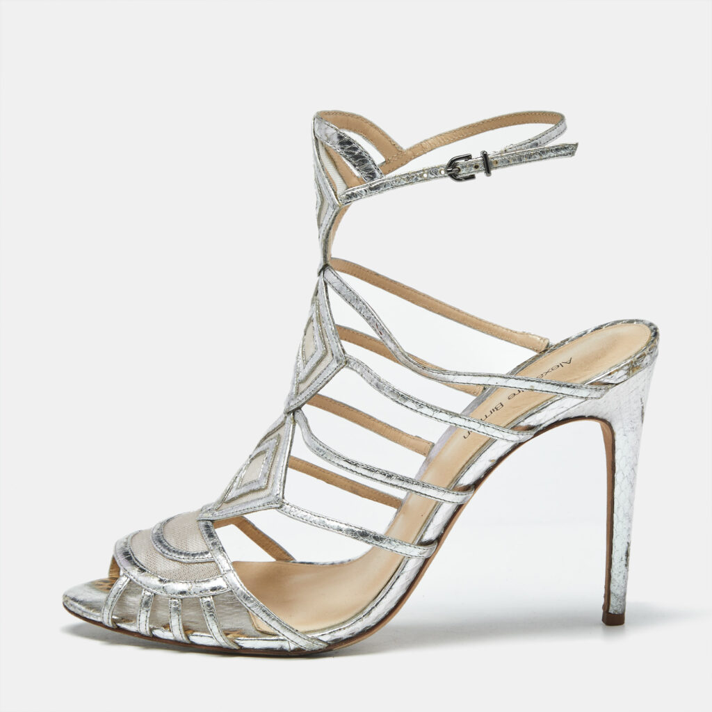 Alexandre Birman Silver Snakeskin Embossed Leather Caged Ankle Wrap Sandals Size 41 Alexandre Birman Silver Snakeskin Embossed Leather Caged Ankle Wrap Sandals Size 41